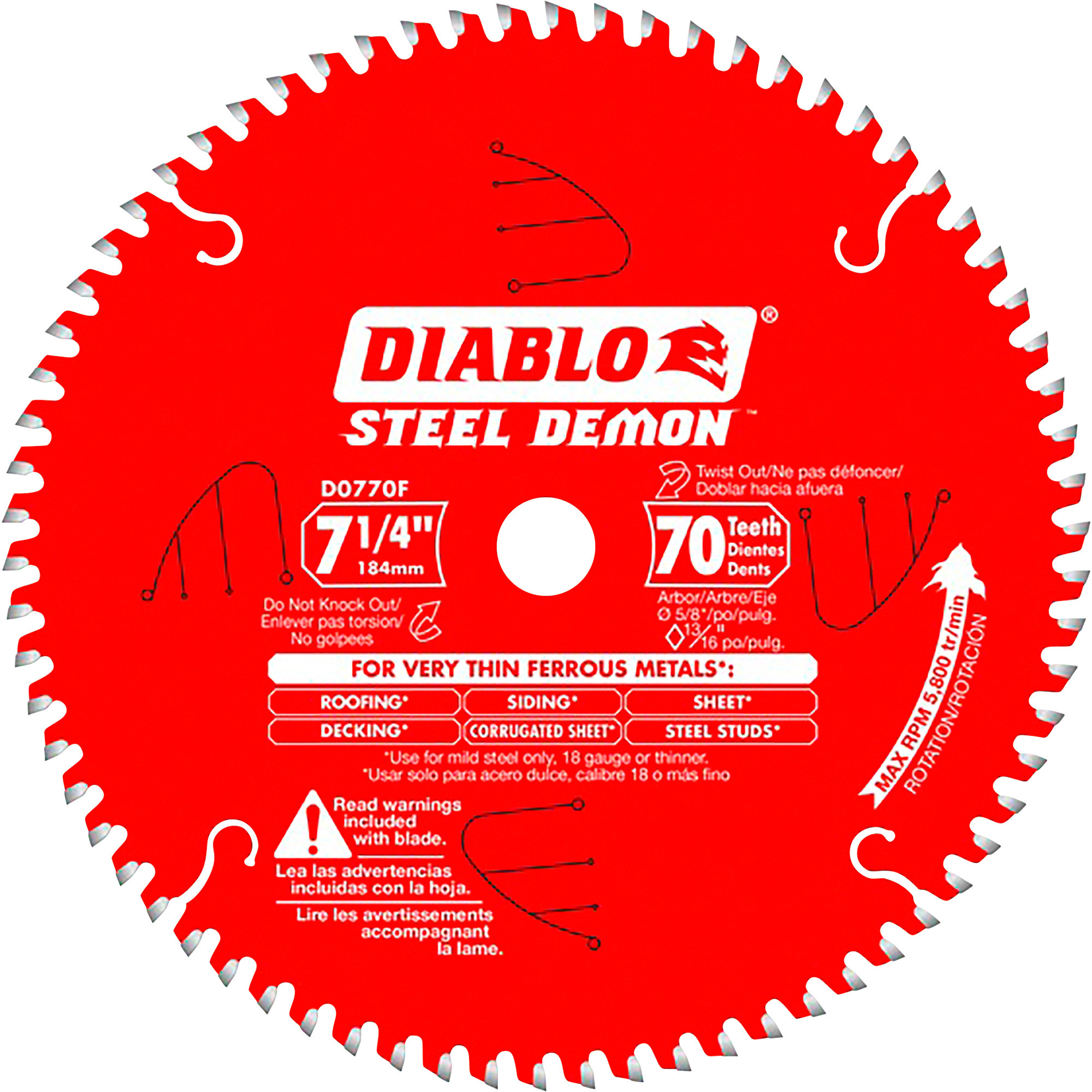Diablo Steel Demon 7-1/4in. Circular Saw Blade, Ferrous Metal Cutting, 70T, Model# D0770FA